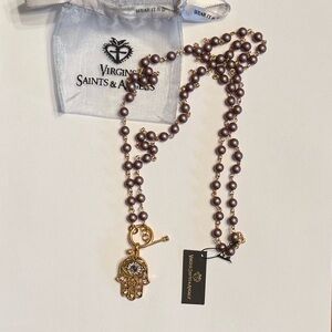 VSA Delfina Necklace Iridescent Red/Purple Pearls w Gold Hamsa Medallion